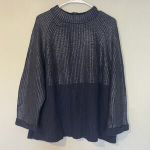 Chico's Navy Blue Metallic Matte Mock Neck Sweater XL Chunky Cuffed Sleeve Women